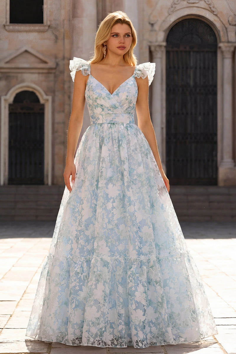 Laden Sie das Bild in den Galerie-Viewer, Hellblaues A-Linie Ballkleid mit Blumendruck und Flügelärmeln
