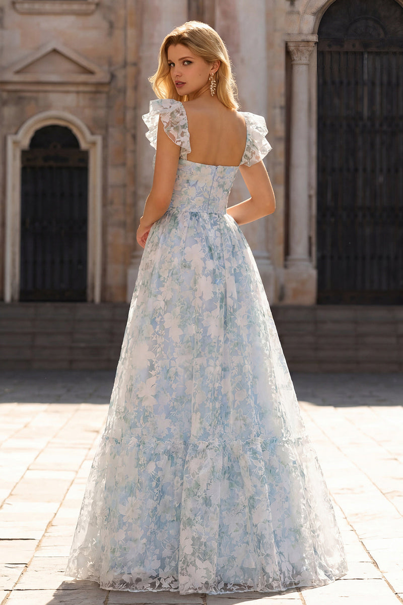 Laden Sie das Bild in den Galerie-Viewer, Hellblaues Lamges A-Linie Bedrucktes Blumen Abschlussballkleid mit V-Ausschnitt