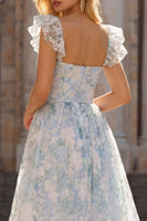Laden Sie das Bild in den Galerie-Viewer, Hellblaues Lamges A-Linie Bedrucktes Blumen Abschlussballkleid mit V-Ausschnitt