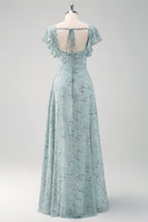 Laden Sie das Bild in den Galerie-Viewer, Dusty Sage Langes Brautjungfernkleid mit quadratischem Ausschnitt und bedruckter Blume mit Schlitz