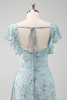 Laden Sie das Bild in den Galerie-Viewer, Dusty Sage Langes Brautjungfernkleid mit quadratischem Ausschnitt und bedruckter Blume mit Schlitz