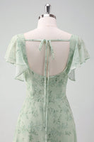 Laden Sie das Bild in den Galerie-Viewer, Graugrün bedrucktes geblümtes Brautjungfernkleid mit Schlitz