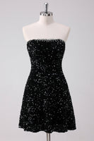 Laden Sie das Bild in den Galerie-Viewer, Glitzerndes A-Linie schwarzes trägerloses Pailletten Kurzes Abiballkleid