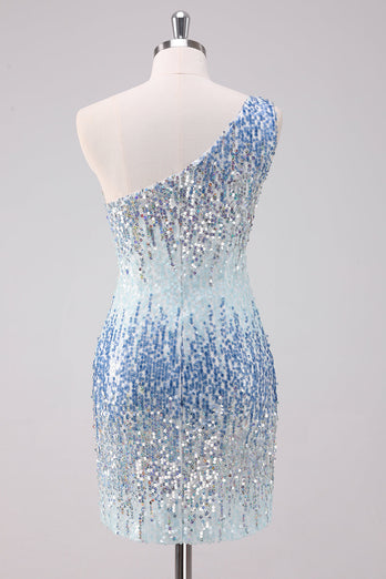 Glitzerndes hellblaues Eine Schulter Pailletten Bodycon Kurzes Abiballkleid