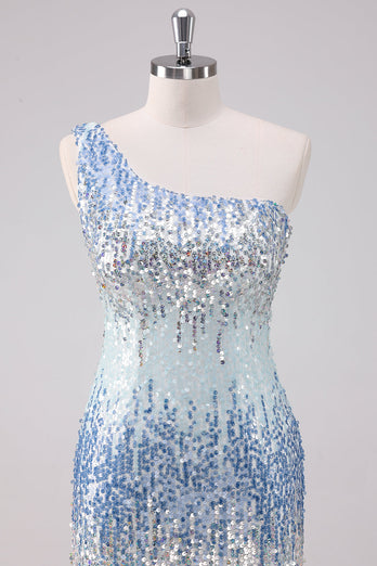 Glitzerndes hellblaues Eine Schulter Pailletten Bodycon Kurzes Abiballkleid