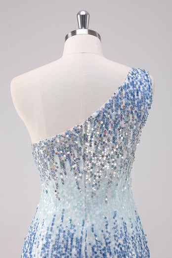 Glitzerndes hellblaues Eine Schulter Pailletten Bodycon Kurzes Abiballkleid