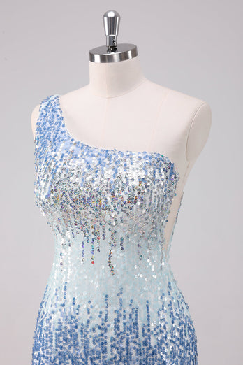 Glitzerndes hellblaues Eine Schulter Pailletten Bodycon Kurzes Abiballkleid