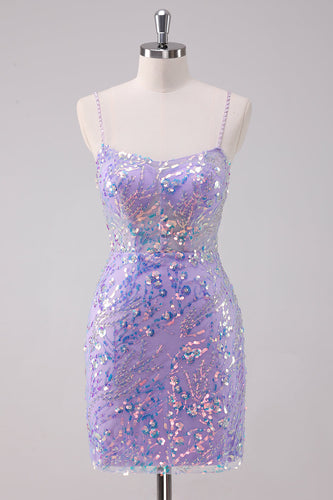 Glitzerndes lila Bodycon Spaghettiträger Pailletten Kurzes Abiballkleid