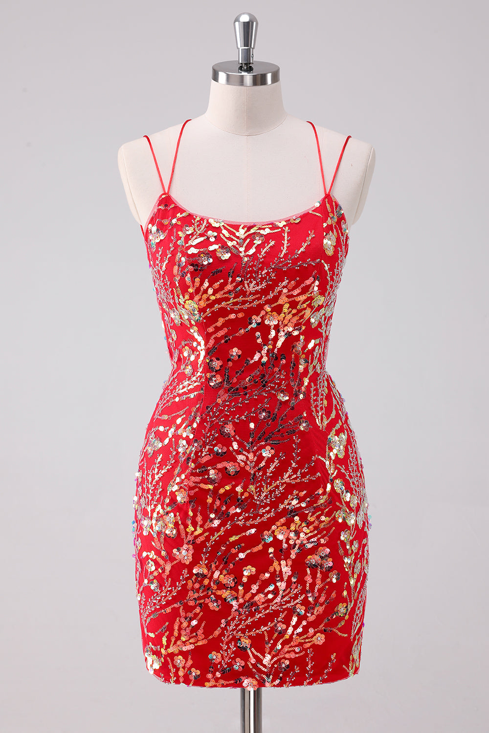 Glitzernde rotes Spaghettiträger Pailletten Bodycon Kurzes Abiballkleid