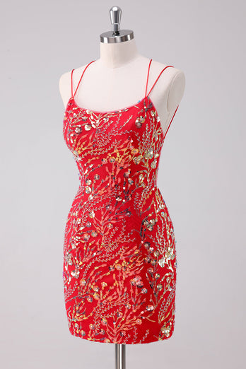 Glitzernde rotes Spaghettiträger Pailletten Bodycon Kurzes Abiballkleid