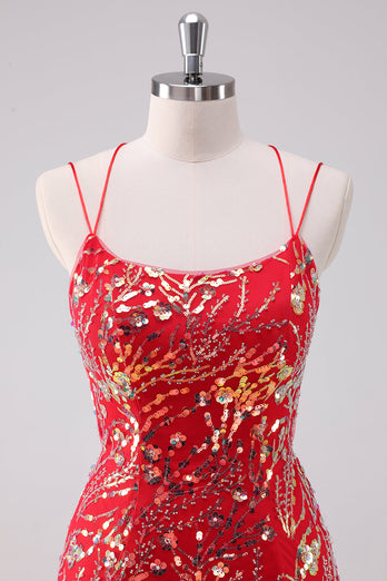 Glitzernde rotes Spaghettiträger Pailletten Bodycon Kurzes Abiballkleid