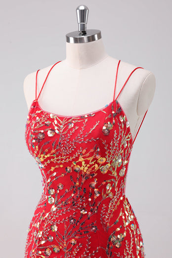 Glitzernde rotes Spaghettiträger Pailletten Bodycon Kurzes Abiballkleid