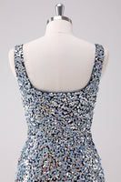 Laden Sie das Bild in den Galerie-Viewer, Glitzerndes silbernes enges Abiballkleid mit quadratischem Ausschnitt und Schlitz