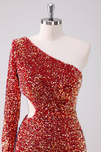 Glitzerndes rotes kurzes Abiballkleid mit einer Schulter und Aushöhlung