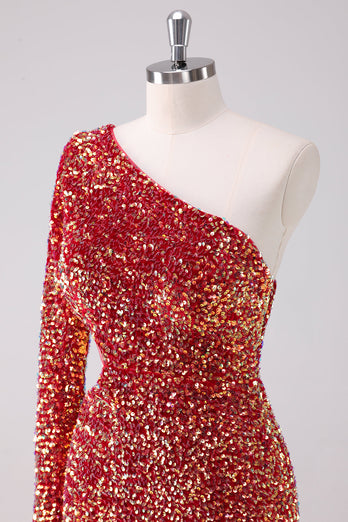 Glitzerndes rotes kurzes Abiballkleid mit einer Schulter und Aushöhlung