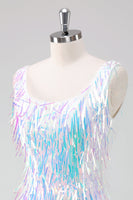 Laden Sie das Bild in den Galerie-Viewer, Glitzerndes weißes kurzes Abiballkleid mit Rundhalsausschnitt und Quasten
