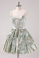 Laden Sie das Bild in den Galerie-Viewer, Hellgrünes A-Linie Spaghettiträger Kurzes Korsett Abiballkleid mit Schnürung