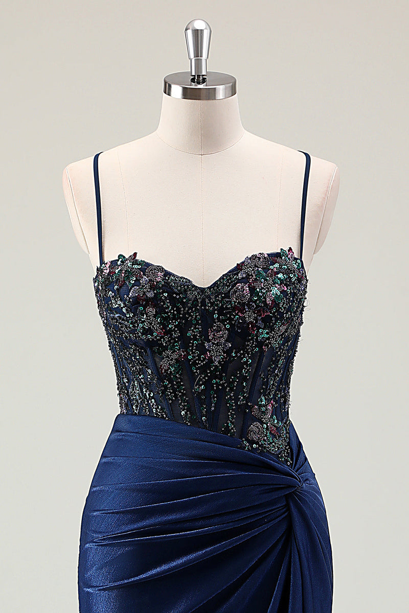 Laden Sie das Bild in den Galerie-Viewer, Glitzerndes Staubiges Grünes Meerjungfrauen Pailletten Spaghettiträger Langes Ballkleid mit Schlitz