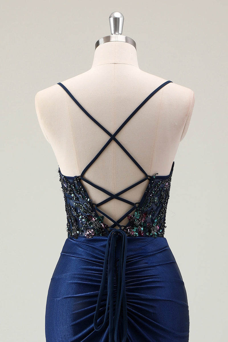 Laden Sie das Bild in den Galerie-Viewer, Glitzerndes Staubiges Grünes Meerjungfrauen Pailletten Spaghettiträger Langes Ballkleid mit Schlitz