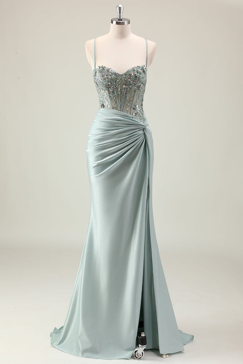 Laden Sie das Bild in den Galerie-Viewer, Glitzerndes Staubiges Grünes Meerjungfrauen Pailletten Spaghettiträger Langes Ballkleid mit Schlitz