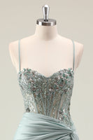 Laden Sie das Bild in den Galerie-Viewer, Glitzerndes Staubiges Grünes Meerjungfrauen Pailletten Spaghettiträger Langes Ballkleid mit Schlitz