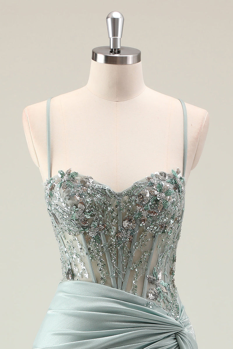 Laden Sie das Bild in den Galerie-Viewer, Glitzerndes Staubiges Grünes Meerjungfrauen Pailletten Spaghettiträger Langes Ballkleid mit Schlitz