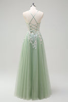 Laden Sie das Bild in den Galerie-Viewer, Salbei A-Linie Spaghettiträger Langes Tüll Ballkleid mit Applikationen