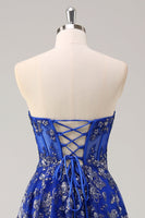 Laden Sie das Bild in den Galerie-Viewer, Königsblaues A-Linie trägerloses Korsett Langes Ballkleid mit Schlitz