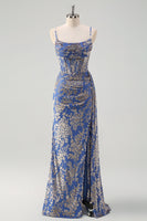 Laden Sie das Bild in den Galerie-Viewer, Zapaka Damen Blaues Blumen Brautjungfernkleid Spaghettiträger Meerjungfrau Langes Korsett Ballkleid mit Schlitz