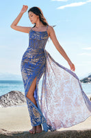 Laden Sie das Bild in den Galerie-Viewer, Zapaka Damen Blaues Blumen Brautjungfernkleid Spaghettiträger Meerjungfrau Langes Korsett Ballkleid mit Schlitz