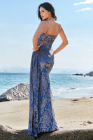 Laden Sie das Bild in den Galerie-Viewer, Blaues Burnout Blumen Korsett Brautjungfernkleid mit Schlitz