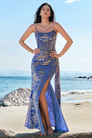 Laden Sie das Bild in den Galerie-Viewer, Blaues Burnout Blumen Korsett Brautjungfernkleid mit Schlitz