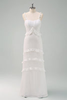 Laden Sie das Bild in den Galerie-Viewer, Weißes Spaghettiträger Meerjungfrauen Langes Ballkleid mit Rüschen