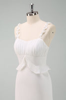 Laden Sie das Bild in den Galerie-Viewer, Weißes Spaghettiträger Meerjungfrauen Langes Ballkleid mit Rüschen