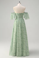 Laden Sie das Bild in den Galerie-Viewer, Dusty Sage A Linie Schulterfreies Drucken Langes Ballkleid mit Schlitz