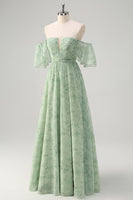 Laden Sie das Bild in den Galerie-Viewer, Dusty Sage A Linie Schulterfreies Drucken Langes Ballkleid mit Schlitz