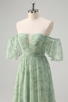 Laden Sie das Bild in den Galerie-Viewer, Dusty Sage A Linie Schulterfreies Drucken Langes Ballkleid mit Schlitz