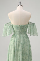 Laden Sie das Bild in den Galerie-Viewer, Dusty Sage A Linie Schulterfreies Drucken Langes Ballkleid mit Schlitz