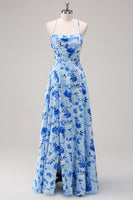 Laden Sie das Bild in den Galerie-Viewer, Blaues A-Linie langes Brautjungfernkleid mit Spaghettiträgern und Schlitz