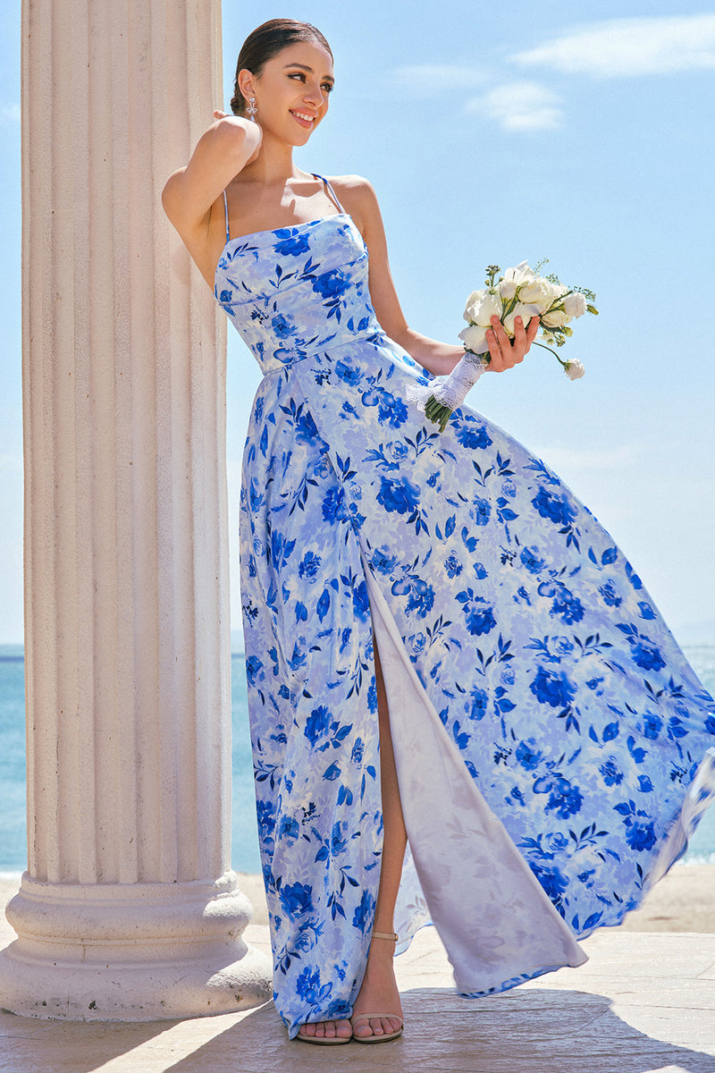 Laden Sie das Bild in den Galerie-Viewer, Blaues Blumen Spaghettiträger Langes Brautjungfernkleid mit Schlitz