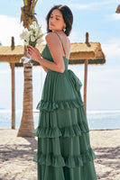 Laden Sie das Bild in den Galerie-Viewer, Gestuftes Eukalyptus A-Linie Chiffon Langes Brautjungfernkleid