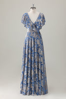 Laden Sie das Bild in den Galerie-Viewer, Zapaka Damen Graublaues Langes Brautjungfernkleid A-Linie V-Ausschnitt Samt Bedrucktes Hochzeitsgastkleid