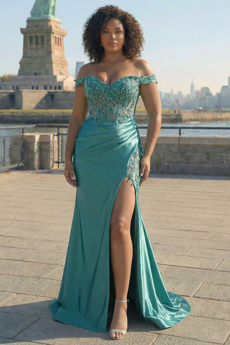Laden Sie das Bild in den Galerie-Viewer, Dunkelgrünes Meerjungfrauen Schulterfreies Satin Ballkleid in Übergröße
