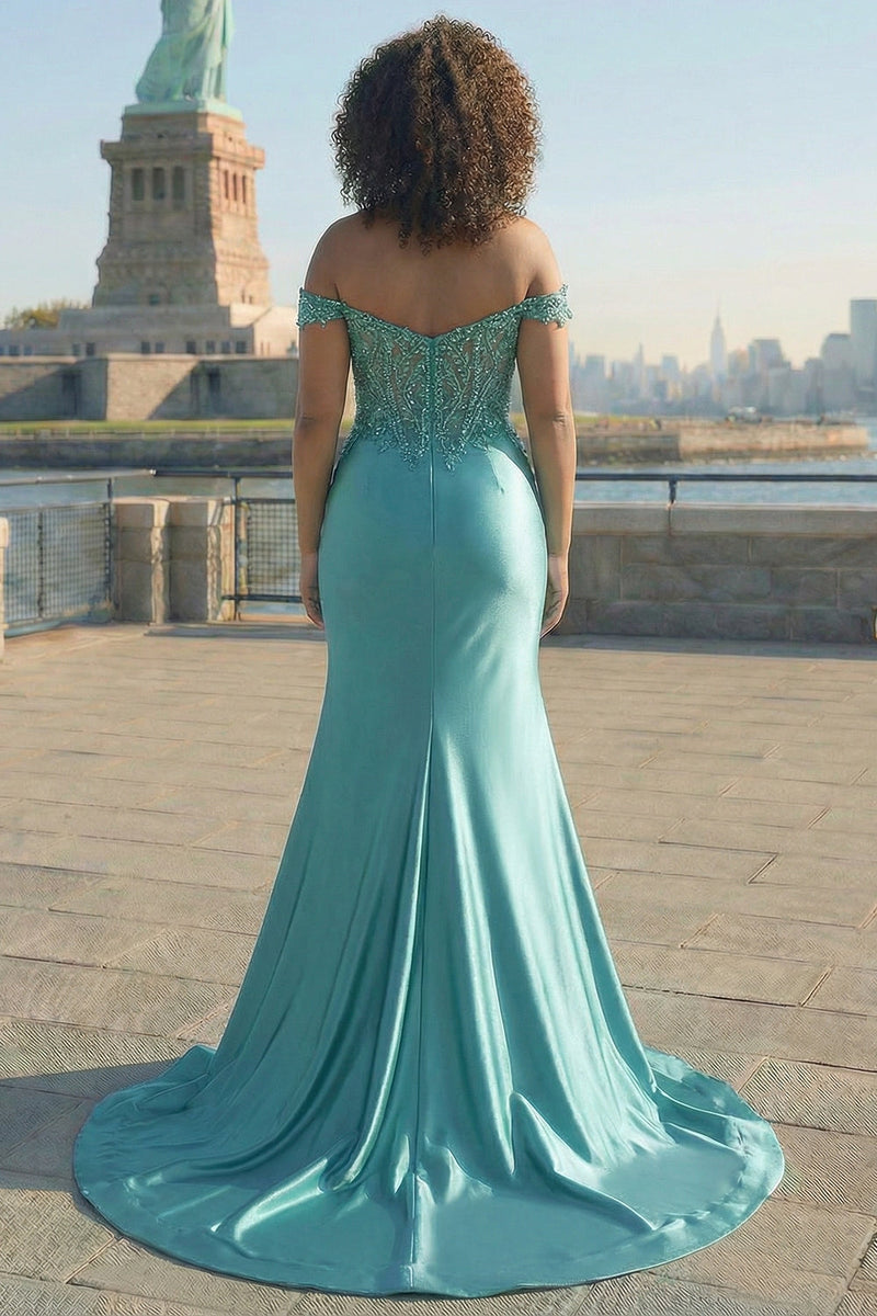 Laden Sie das Bild in den Galerie-Viewer, Dunkelgrünes Meerjungfrauen Schulterfreies Satin Ballkleid in Übergröße