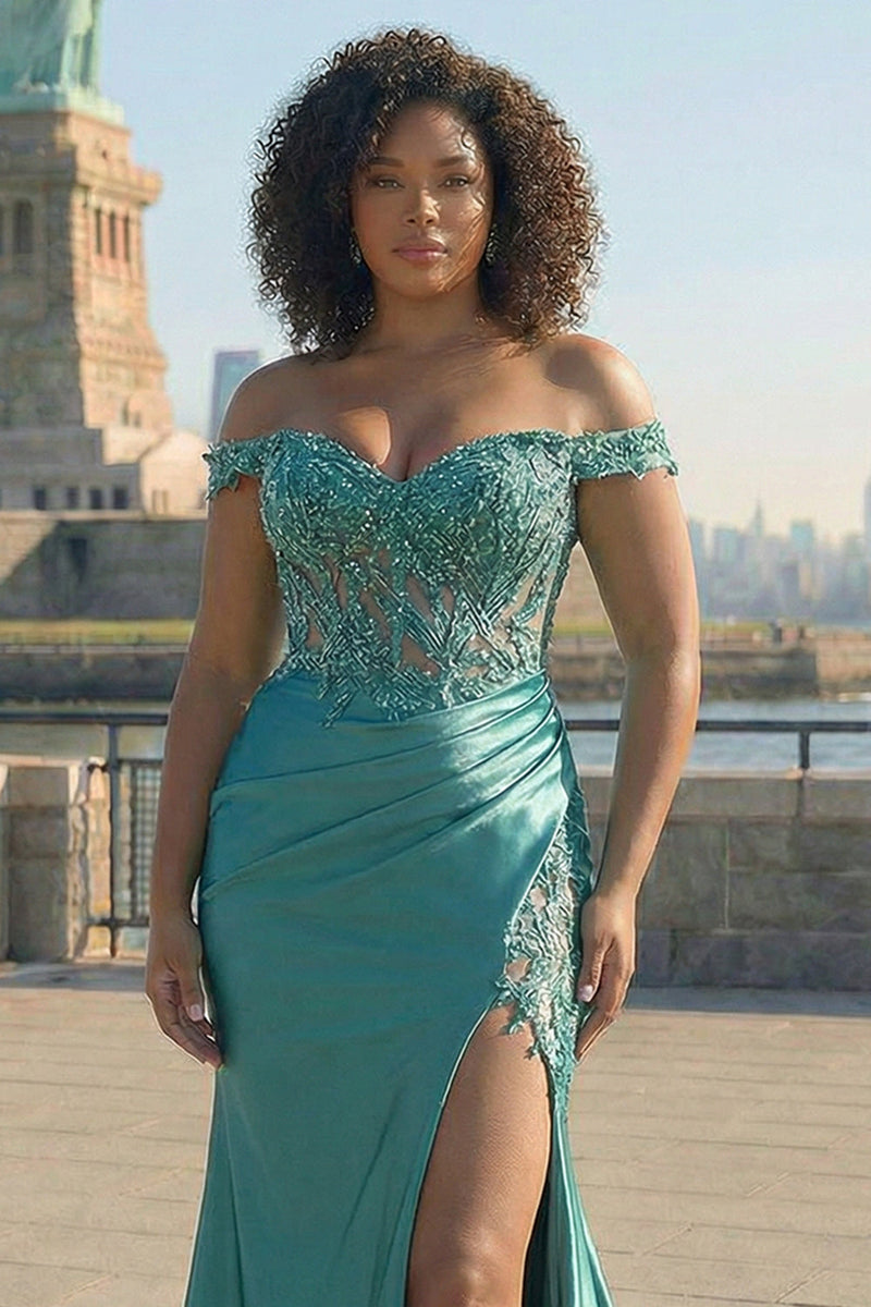 Laden Sie das Bild in den Galerie-Viewer, Dunkelgrünes Meerjungfrauen Schulterfreies Satin Ballkleid in Übergröße