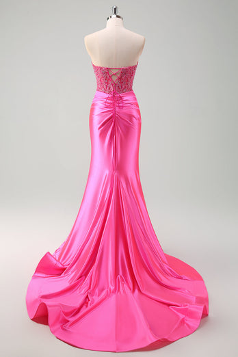 Fuchsia Herzausschnitt Meerjungfrau Satin Langes Korsett Ballkleid mit Applikationen