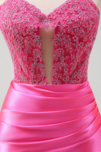 Fuchsia Herzausschnitt Meerjungfrau Satin Langes Korsett Ballkleid mit Applikationen