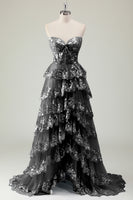 Laden Sie das Bild in den Galerie-Viewer, Trägerloses blaues A-Linie Pailletten korsett gestuftes langes Ballkleid