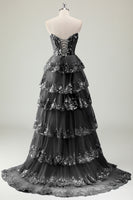 Laden Sie das Bild in den Galerie-Viewer, Trägerloses blaues A-Linie Pailletten korsett gestuftes langes Ballkleid