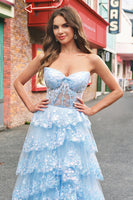 Laden Sie das Bild in den Galerie-Viewer, Trägerloses blaues A-Linie Pailletten korsett gestuftes langes Ballkleid